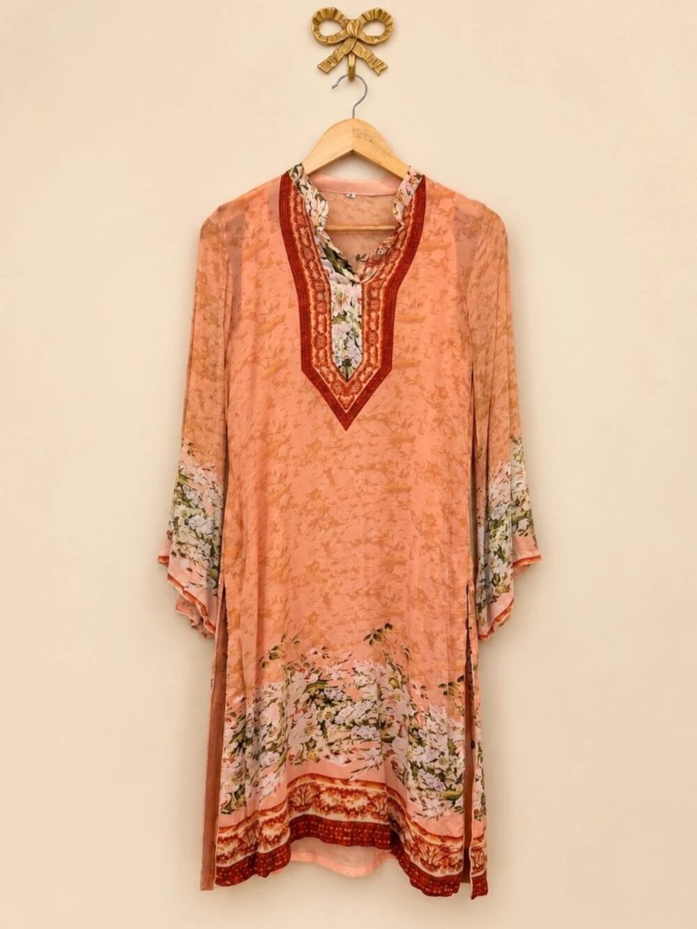 Peach Floral Boho Tunic Dress Bell Sleeves V-Neck M